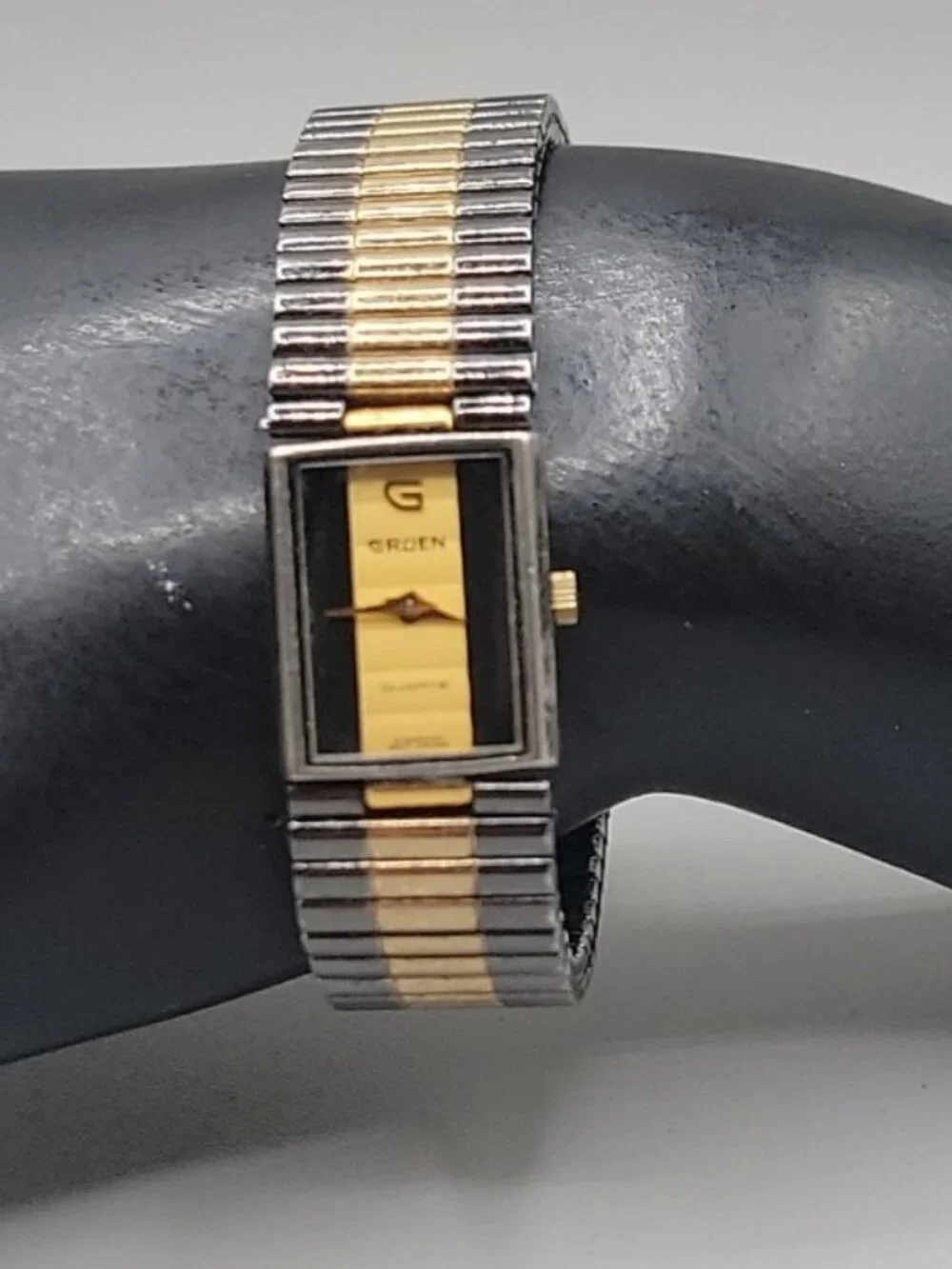Vintage Gruen 227-PUW510 Two-Tone Rectangular Tank Watch Black & Gold Dial 17mm